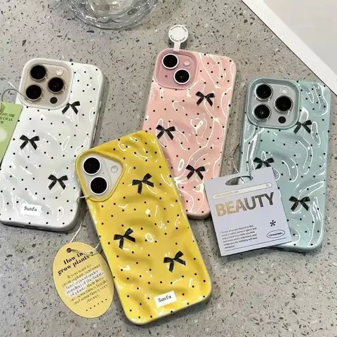 S0761c45537404a9abc4237d23980bdebB_480x480q75 Black Bow Knot Pattern Phone Case iPhone 11 12 13 14 15 16 17 Pro Plus Pro Max Air Shockproof Simple Wrinkled Texture Cover (New) - Image 1