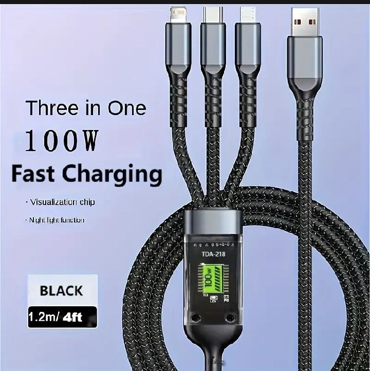 S340c8a7d9cba4f17922bee84316cec9eT 3 In 1 100W USB Type C Fast Charging Cable For iPhone Xiaomi Poco Huawei Samsung Micro USB Type C Multi Port Charging Wire | (New) - Image 1